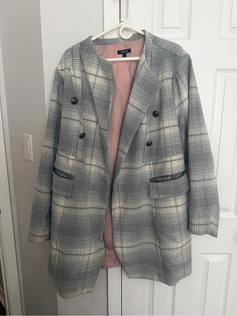 torrid Gray and Cream Plaid Double-Breasted Blazer Coat
